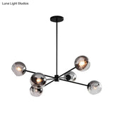 Modern Black Round Chandelier With 6 Grey Glass Pendants - Starburst Design