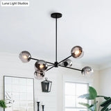 Modern Black Round Chandelier With 6 Grey Glass Pendants - Starburst Design