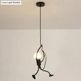 Modern Black Stickman Pendant Light Kit - Small Artistic Hanging Lamp With 1-Light Metal Ceiling