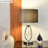 Modern Black Table Lamp With Crystal Drop And Oval Base - Fabric Cylinder Shade + 1 Bulb Night Light