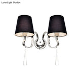 Modern Black Taper Shade Wall Mount Light With Stainless Steel Arm And Crystal Drop 2-Bulb Sconce