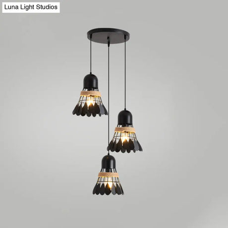 Modern Black/White Iron Dining Room Pendant Light With Rope And Round/Linear Canopy - Badminton