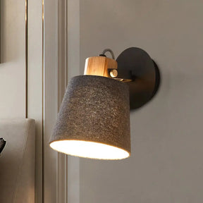 Modern Black Wood Wall Lamp With Barrel Fabric Shade - Mounted
