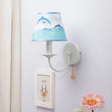 Modern Blue Fabric Tapered Shade Wall Light With Pull Chain - Dining Room Sconce / Dolphin