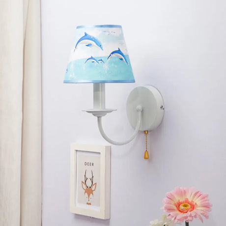 Modern Blue Fabric Tapered Shade Wall Light With Pull Chain - Dining Room Sconce / Dolphin