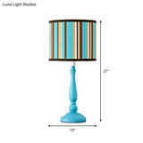 Modern Blue Nightstand Lamp With Fabric Drum Shade - 1 Bulb Bedroom Night Table Light
