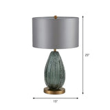 Modern Blue Seeded Glass Ellipse Night Lamp - Grey Table Light With Drum Fabric Shade (12/15 W)