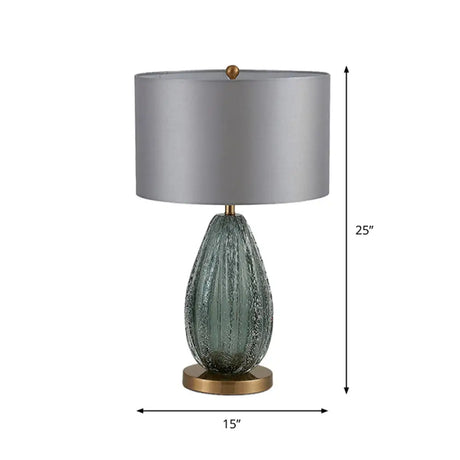 Modern Blue Seeded Glass Ellipse Night Lamp - Grey Table Light With Drum Fabric Shade (12/15 W)