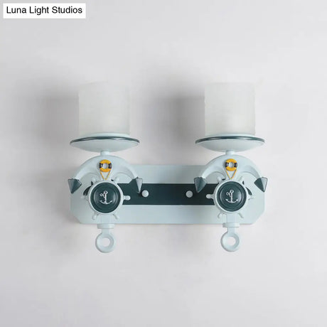 Modern Blue Wall Light With Cylindrical Dimpled Glass Shade - Sleek 1/2-Head Doorway Lighting