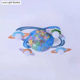 Modern Blue Wood Globe Ceiling Mount Light With Four Heads - Perfect For Baby Bedroom