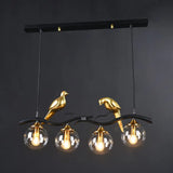 Modern Branch Island Pendant Light With Ball Glass Shade And Bird Deco - Metal 4-Light Fixture For