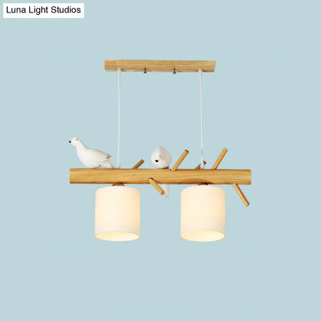 Modern Branch Island Pendant Light With Led Wood Dining Room Ceiling And Cream Glass Shade