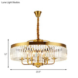 Modern Brass Chandelier Light With Crystal Block Shade - 8-Light Drum Pendant For Living Room