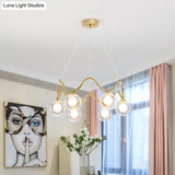 Modern Brass Chandelier With 6-Lights Iron Wave Pendant Ceiling Light Clear/White Double Ball Glass