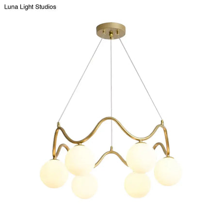 Modern Brass Chandelier With 6-Lights Iron Wave Pendant Ceiling Light Clear/White Double Ball Glass