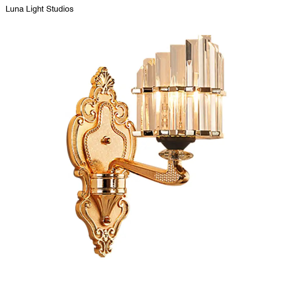 Modern Brass Crystal Block Wall Light Sconce With Carved Backplate