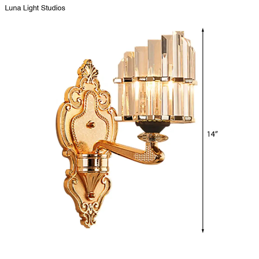 Modern Brass Crystal Block Wall Light Sconce With Carved Backplate
