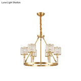 Modern Brass Cylinder Chandelier With 6 Crystal Suspension Lights - Perfect For Dining Rooms