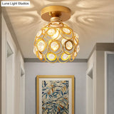 Modern Brass Dome Ceiling Light With Crystal Accent - 1-Light Semi Flush Mount
