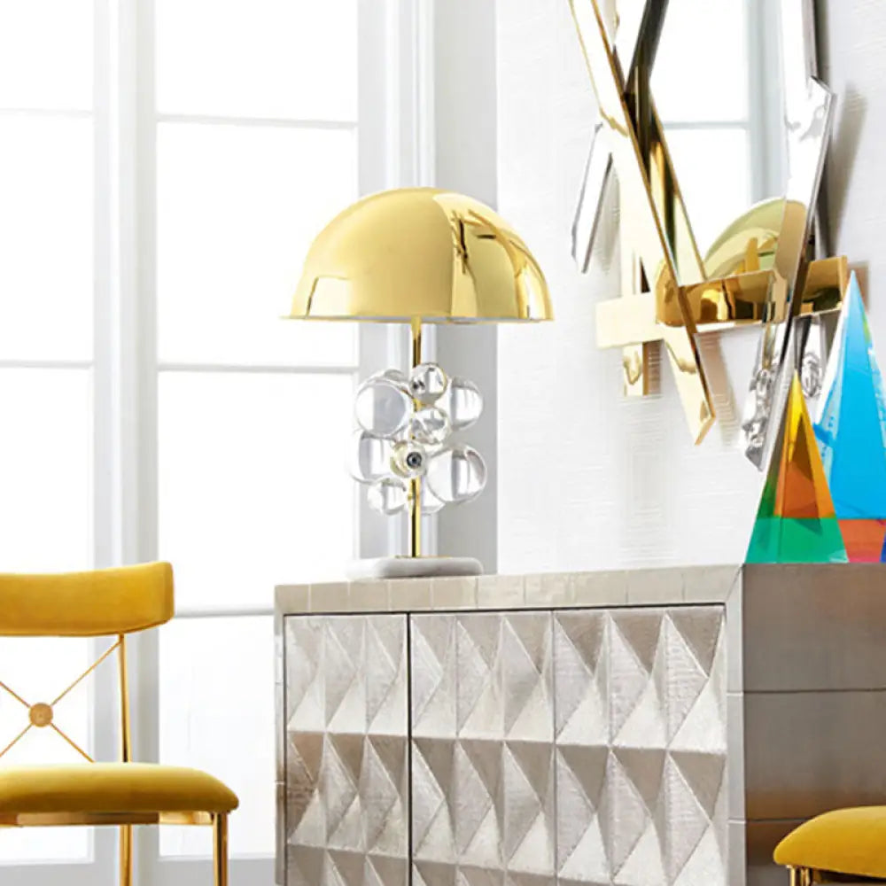 Modern Brass Dome Nightstand Lamp With Crystal Ball Decoration - 1 Light Metal Table Lighting Clear