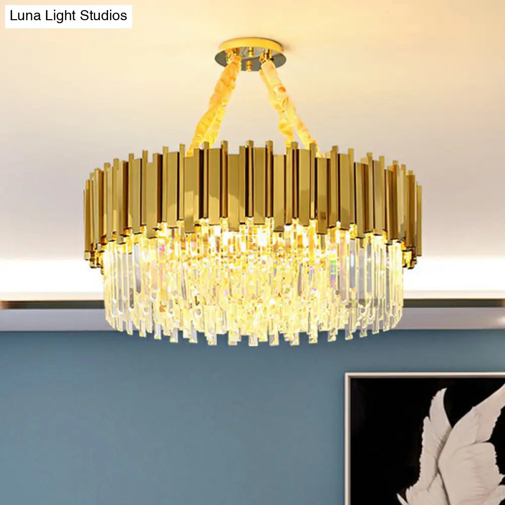 Modern Brass Drum Chandelier With Crystal Prism Shade - Simple Style Suspension Light