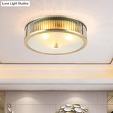 Modern Brass Flush Mount Ceiling Light – Simplicity Drum Shape Ribbed Clear Glass For Bedroom