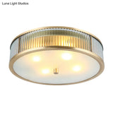 Modern Brass Flush Mount Ceiling Light – Simplicity Drum Shape Ribbed Clear Glass For Bedroom
