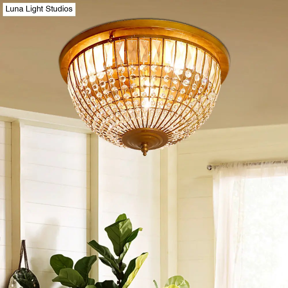 Modern Brass Flush Mount With Crystal Dome Shade - 3 Light Hallway Ceiling Fixture 14’/18’ Wide