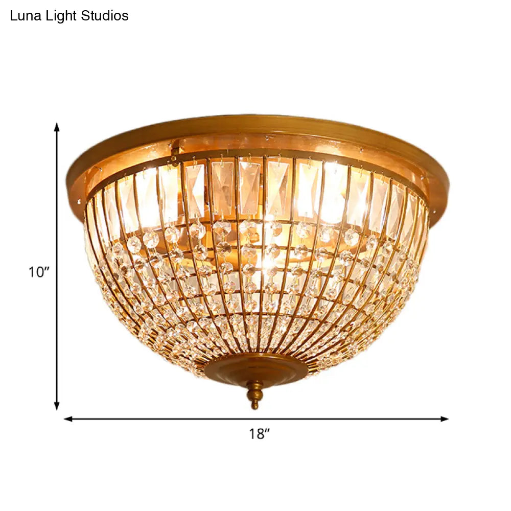 Modern Brass Flush Mount With Crystal Dome Shade - 3 Light Hallway Ceiling Fixture 14’/18’ Wide