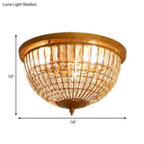 Modern Brass Flush Mount With Crystal Dome Shade - 3 Light Hallway Ceiling Fixture 14’/18’ Wide