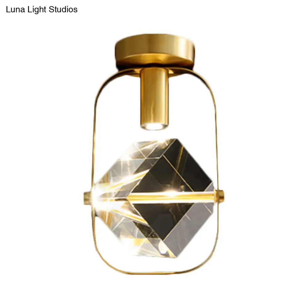 Modern Brass Led Ceiling Flush Mount Crystal Cube Semi Light Fixture
