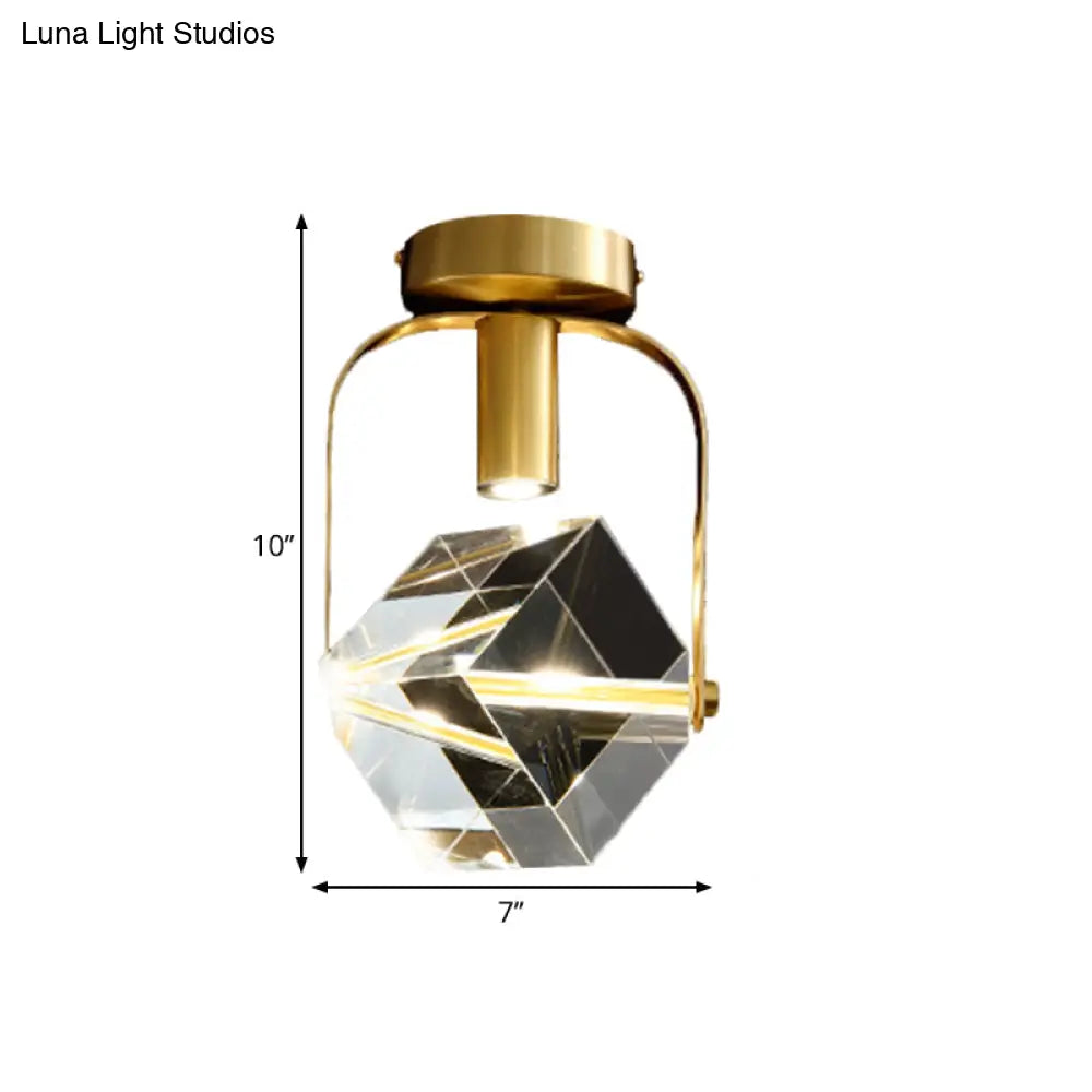 Modern Brass Led Ceiling Flush Mount Crystal Cube Semi Light Fixture