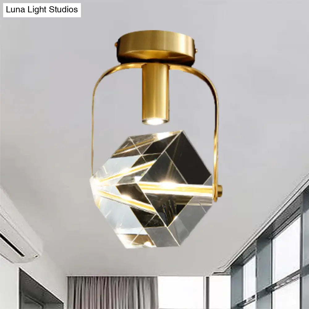 Modern Brass Led Ceiling Flush Mount Crystal Cube Semi Light Fixture