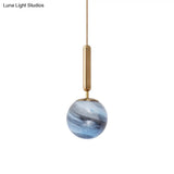 Modern Brass Pendant Bedroom Lamp With Tan/Blue Glass Shade