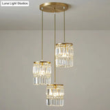 Modern Brass Pendant Ceiling Light With Crystal Prism Cylindrical Design – 3 Heads Round/Linear