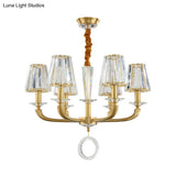 Modern Brass Pendant Light Fixture With Clear Crystal Cone Shade - 6 Chandelier For Bedroom