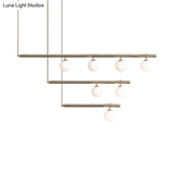 Modern Brass Pendant Light With Orbit Shade: Linear Office Chandelier (3/6/7 Lights)