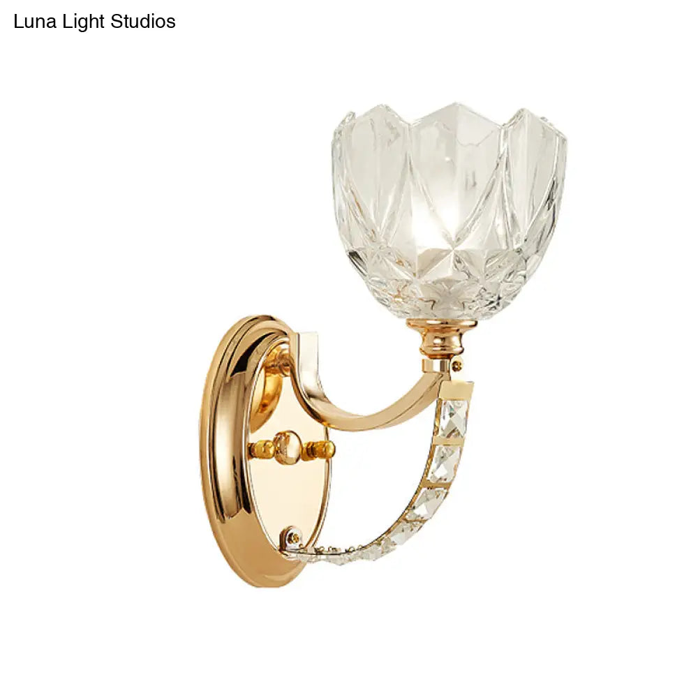 Modern Brass Sconce Light: 1 Head Bedroom Wall Fixture With Clear Glass Shade
