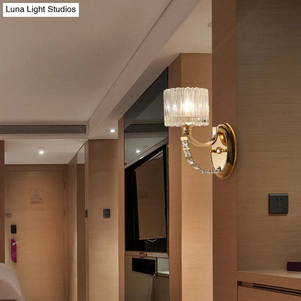 Modern Brass Sconce Light: 1 Head Bedroom Wall Fixture With Clear Glass Shade