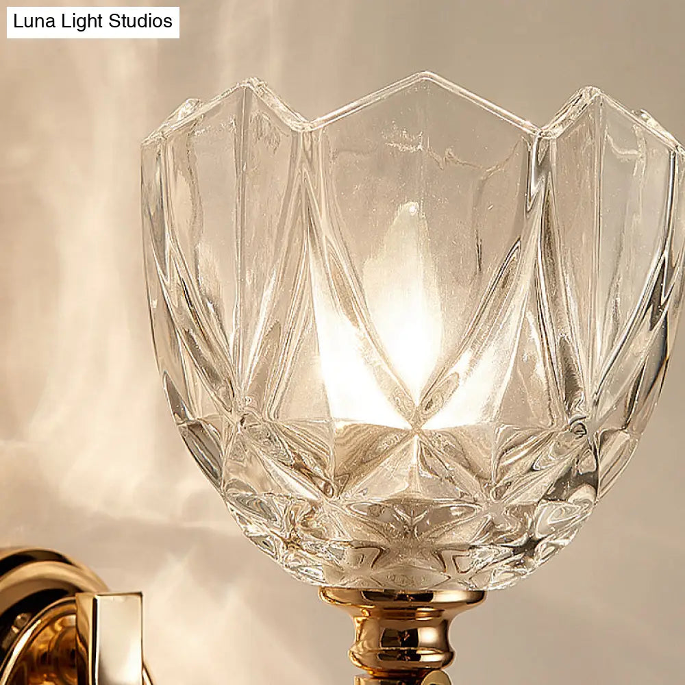 Modern Brass Sconce Light: 1 Head Bedroom Wall Fixture With Clear Glass Shade