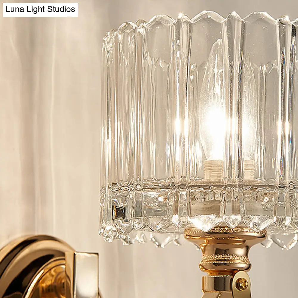 Modern Brass Sconce Light: 1 Head Bedroom Wall Fixture With Clear Glass Shade