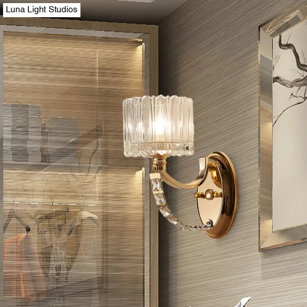 Modern Brass Sconce Light: 1 Head Bedroom Wall Fixture With Clear Glass Shade