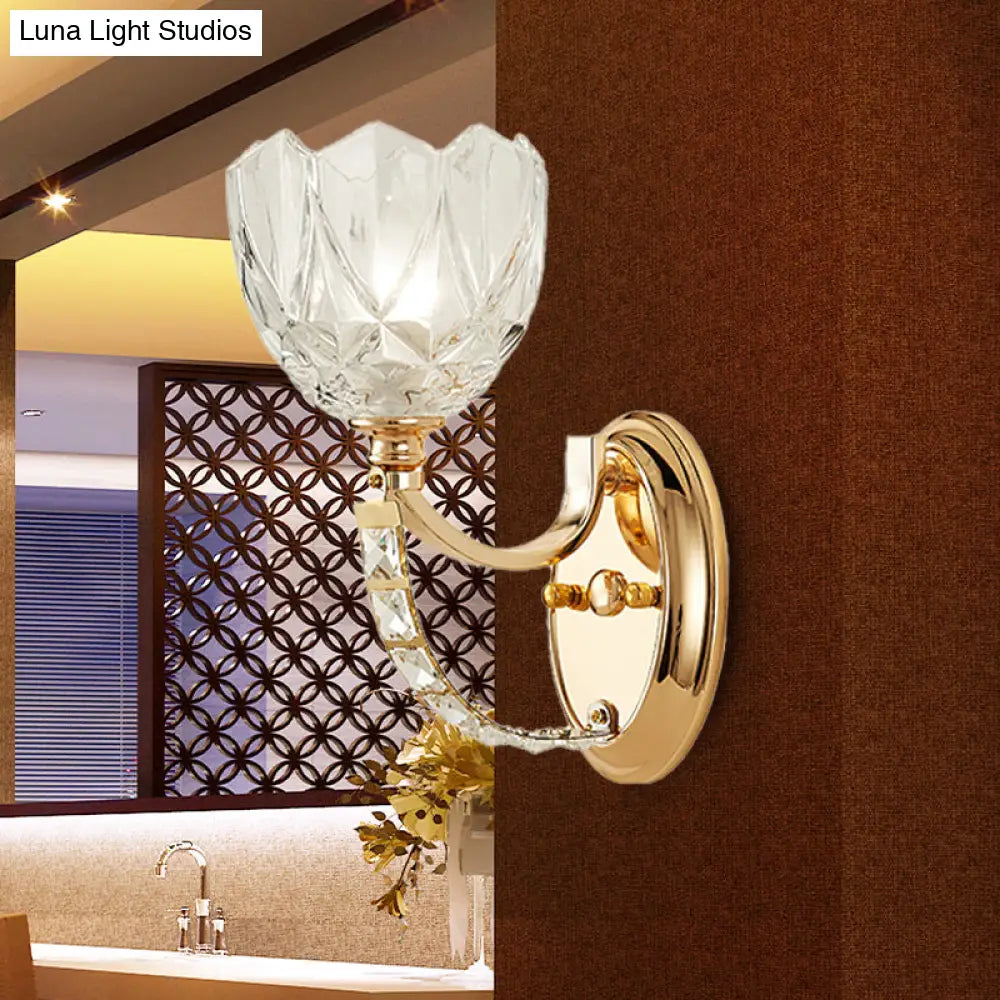 Modern Brass Sconce Light: 1 Head Bedroom Wall Fixture With Clear Glass Shade