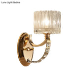 Modern Brass Sconce Light: 1 Head Bedroom Wall Fixture With Clear Glass Shade