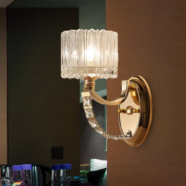Modern Brass Sconce Light: 1 Head Bedroom Wall Fixture With Clear Glass Shade / B