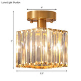 Modern Brass Semi Flush Mount Light With Crystal Shade - 1-Light Corridor Ceiling
