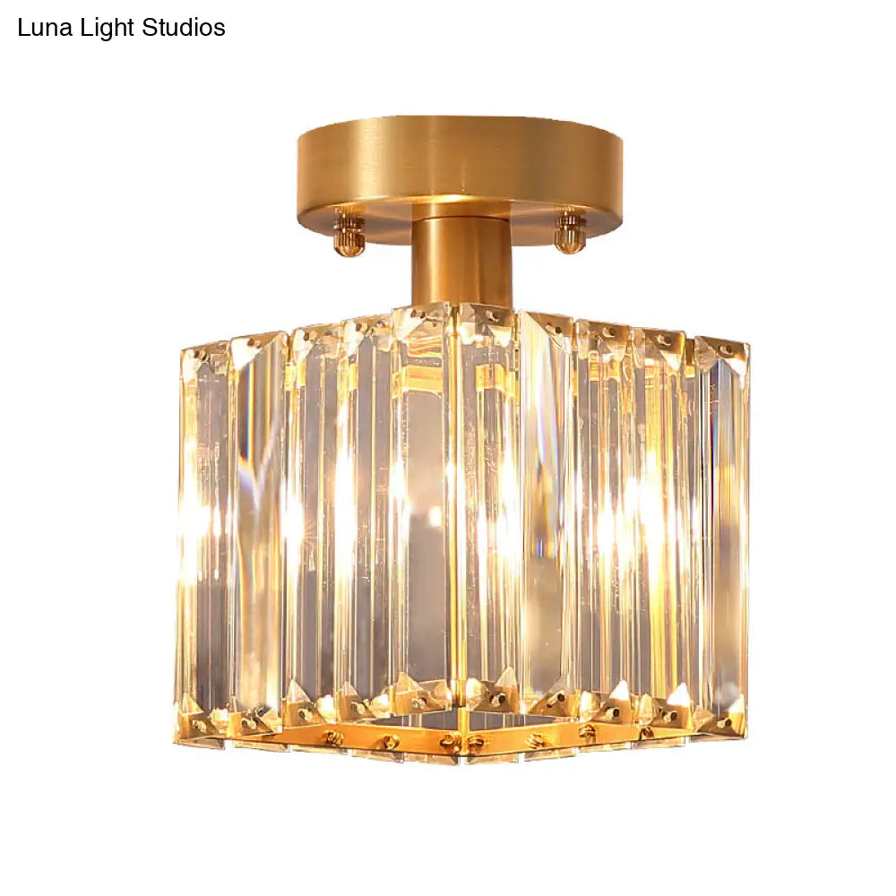 Modern Brass Semi Flush Mount Light With Crystal Shade - 1-Light Corridor Ceiling