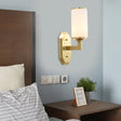 Modern Brass Wall Lamp With Frosted Opal Cylindrical Shade 1 /