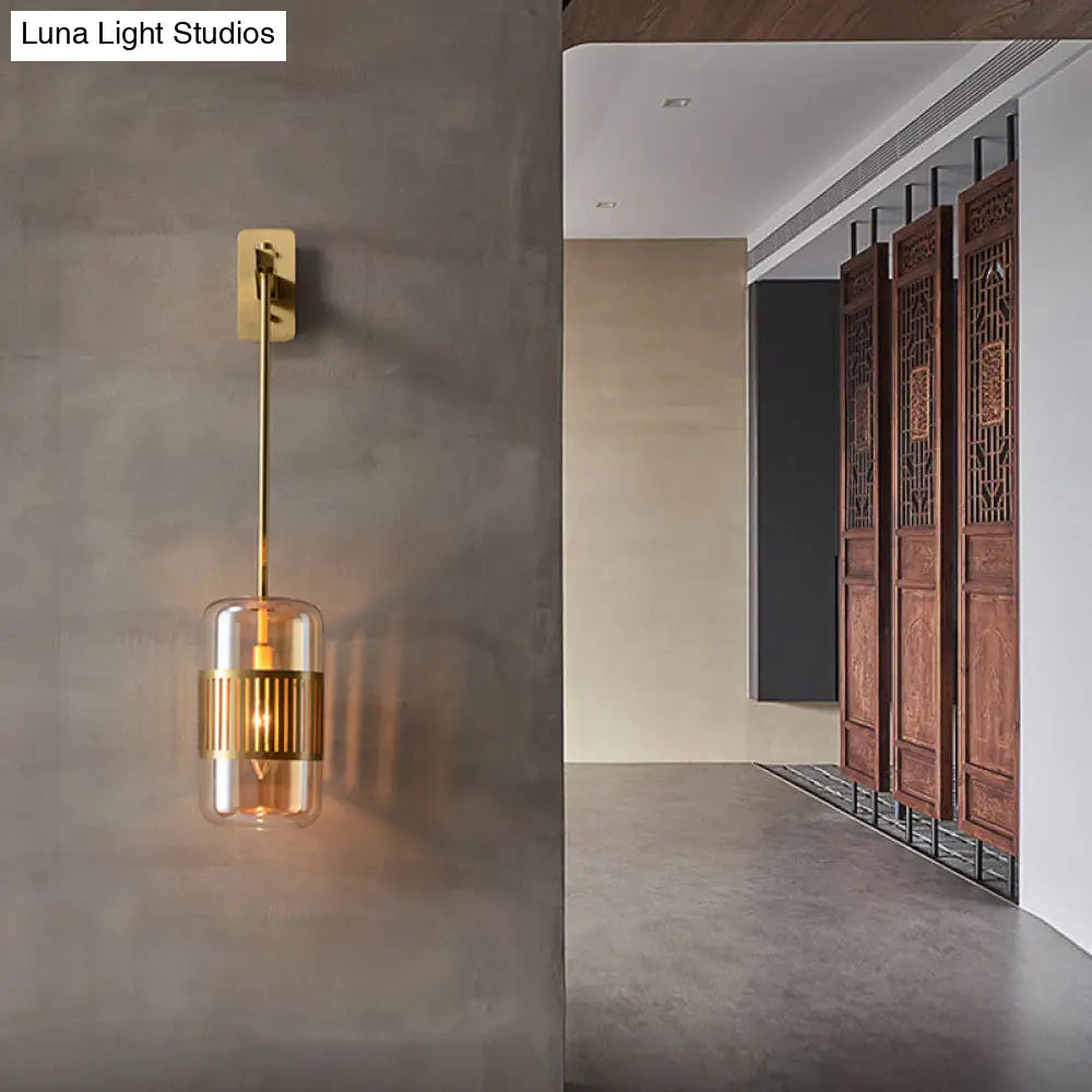 Modern Brass Wall Sconce Light With Glass Shade - Postmodern Cylindrical Fixture