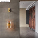 Modern Brass Wall Sconce Light With Glass Shade - Postmodern Cylindrical Fixture